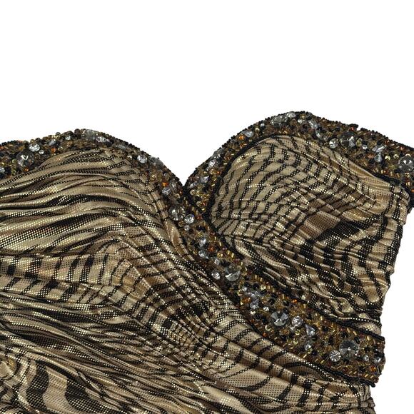 Mac Duggal Couture Metallic Gold Lame Abstract Animal Print Evening Gown Size 2 - Picture 6 of 12